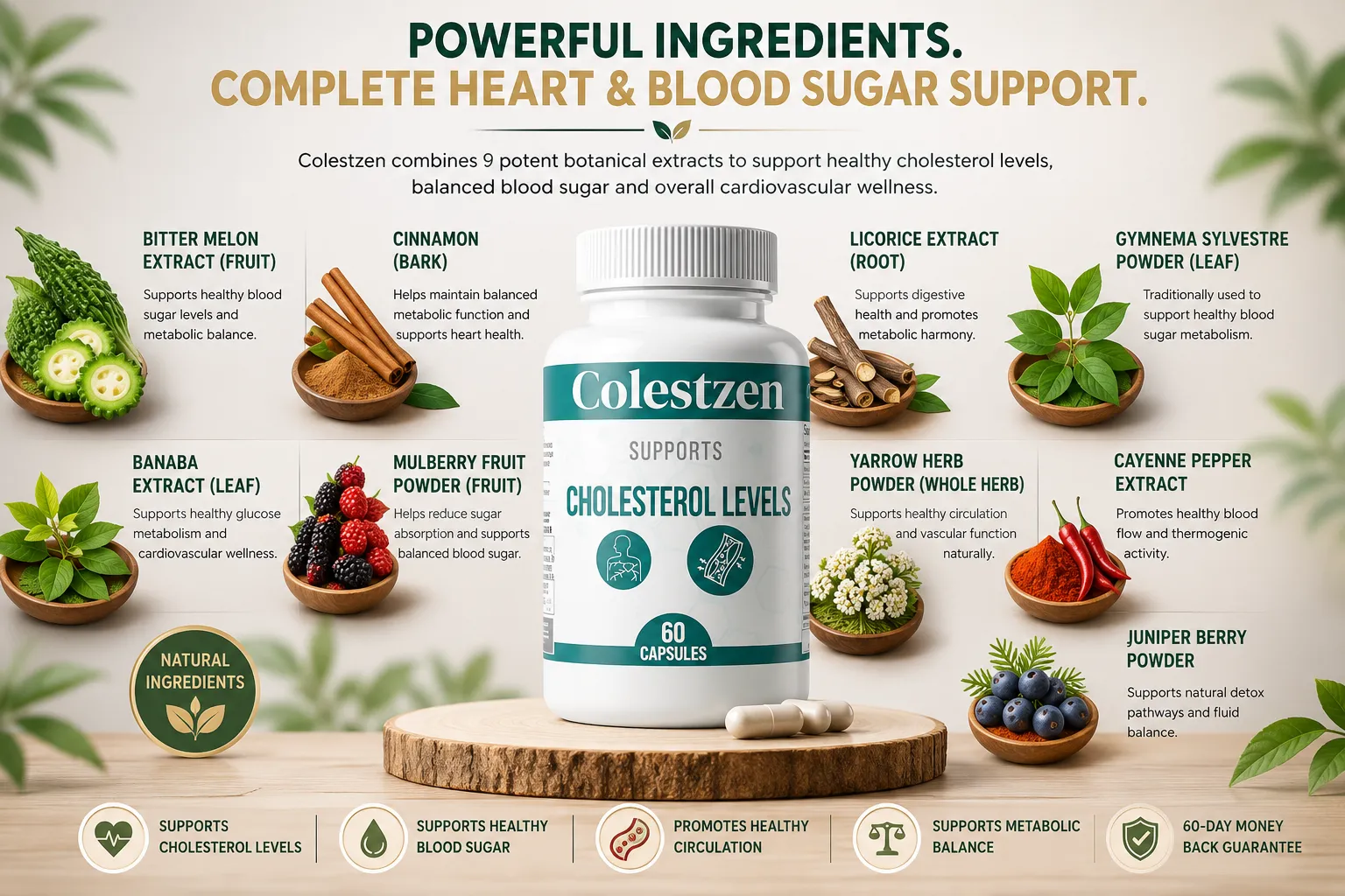 An infographic titled 'POWERFUL INGREDIENTS. COMPLETE HEART & BLOOD SUGAR SUPPORT.' showcasing a central white bottle of Colestzen surrounded by small wooden bowls containing its 9 botanical extracts Bitter Melon Extract, Cinnamon, Licorice Extract, Gymnema Sylvestre Powder, Banaba Extract, Mulberry Fruit Powder, Yarrow Herb Powder, Cayenne Pepper Extract, and Juniper Berry Powder. The footer displays icons for key benefits supports cholesterol levels, supports healthy blood sugar, promotes healthy circulation, supports metabolic balance, and a 60-day money-back guarantee.