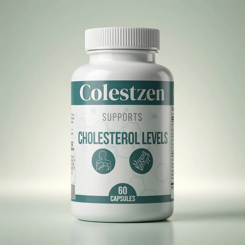 A single white plastic bottle of Colestzen dietary supplement designed to support cholesterol levels, containing 60 capsules. The bottle stands upright centered on a plain white, clean surface.